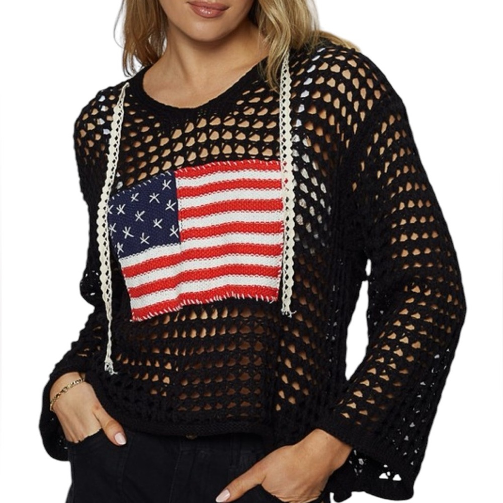 POL American Flag Open Knit Hoodie Sweater Oversized Small NWT